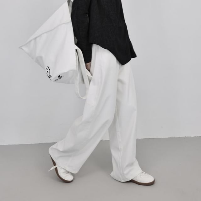 SIMPLE BLACK-High Waist Plain Wide Leg Pants