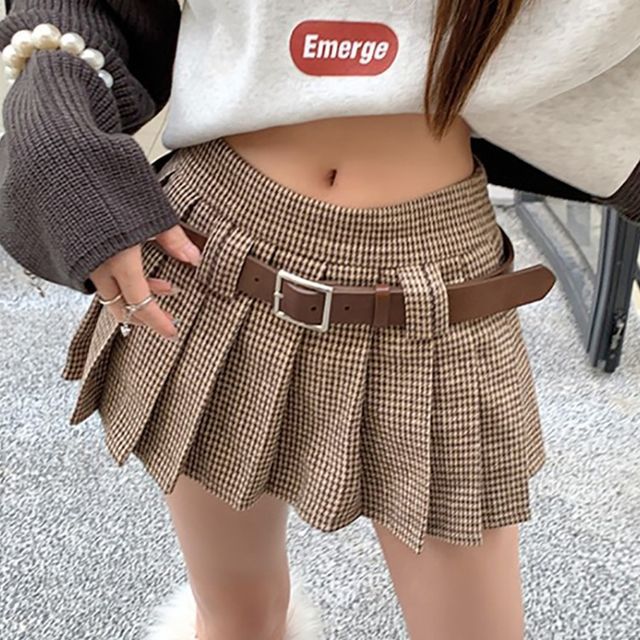 Hazie - Set: Low Waist Plaid Pleated Mini Skirt + Belt | YesStyle
