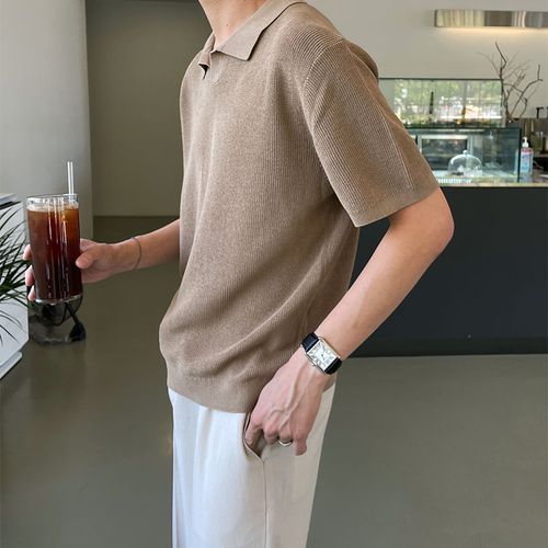 British Style Summer Lapel Short Sleeve Knitted Polo Shirt Men