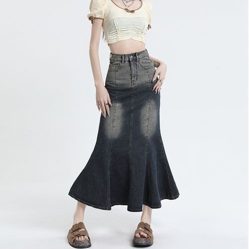 Denimot - High Waist Washed Fray Midi Mermaid Denim Skirt