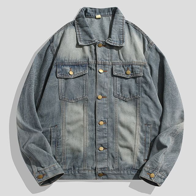 purplelouve-Collared Washed Denim Button Jacket