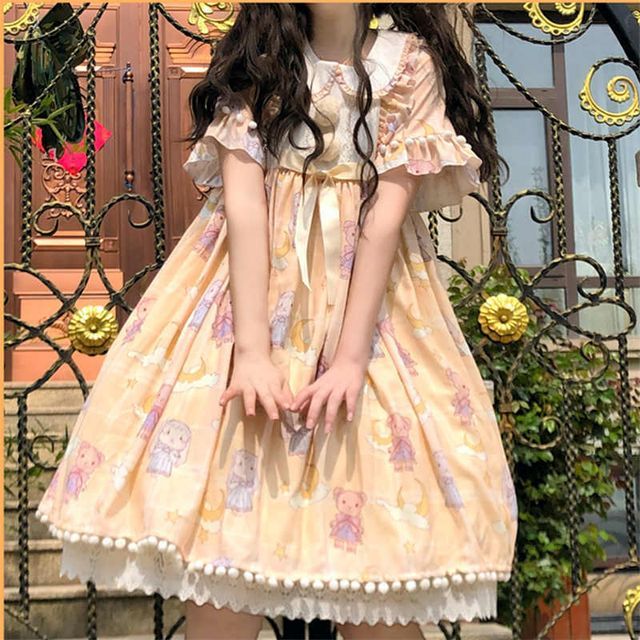 Lolita Smile Short Sleeve Cartoon Print Smock Dress Hair Tie Set Yesstyle Lolita Smile Short Sleeve Cartoon Print Smock Dress Hair Tie Set Yesstyle