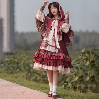 Lolita Smile Long-Sleeve Crew Neck Plaid Panel Ruffle Trim Midi A-Line Dress /