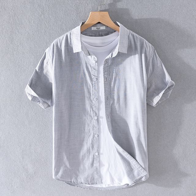 Aozora-Short Sleeve Collared Plain Button Up Shirt