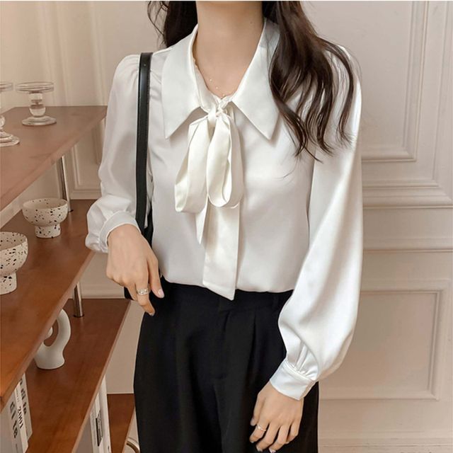 Everose-Long-Sleeve Tie-Neck Collared Plain Chiffon Button-Up Blouse