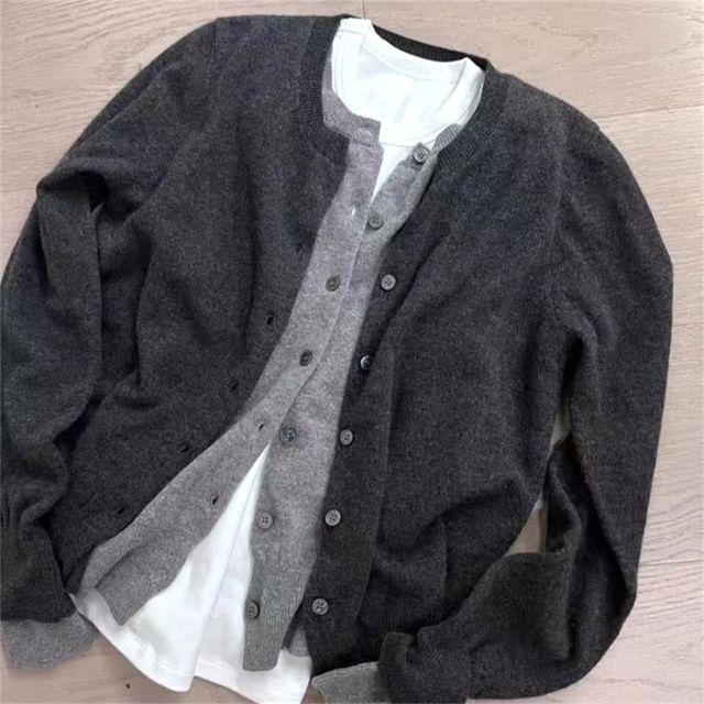 Hevnir-Round Neck Mock Two Piece Cardigan