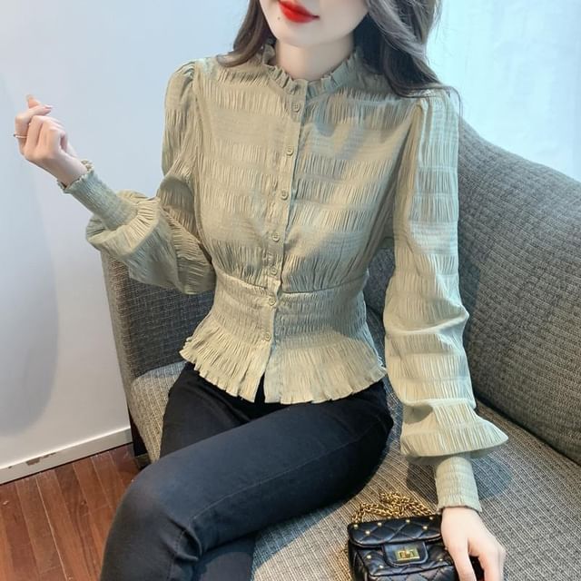Hevnir-Long-Sleeve Stand Collar Plain Frill Trim Smocked Button-Up Crop Blouse