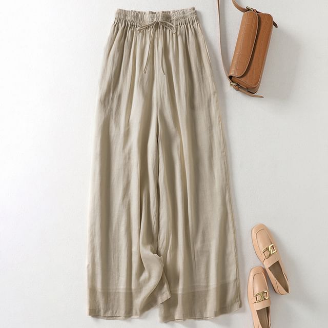 Fioridi-Drawstring Waist Plain Wide Leg Pants