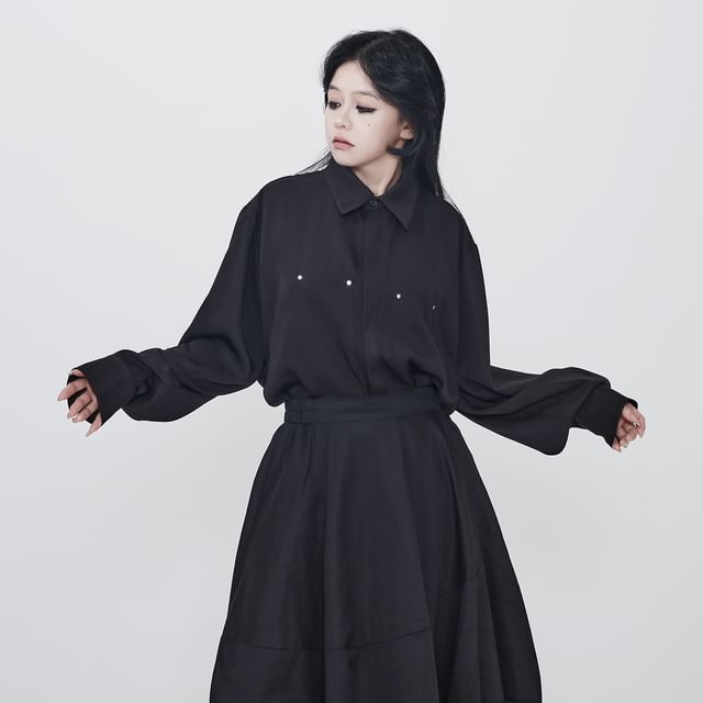 Ravenstem-Long-Sleeve Plain Studded Shirt