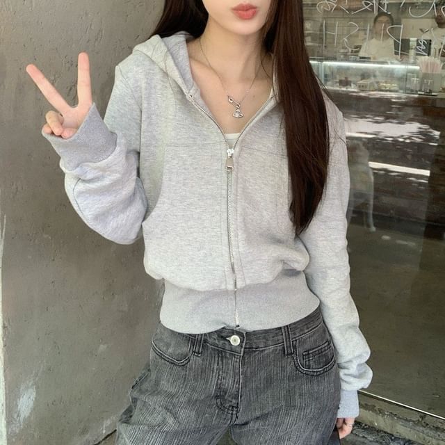 Trendycas-Plain Panel Zip Hoodie