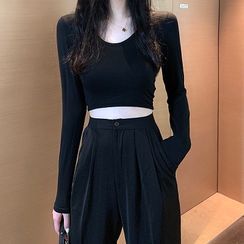 Attune - Plain Cropped Jacket / Plain Cropped T-Shirt / High-Waist Wide-Leg Pants Attune - Plain Cropped Jacket / Plain Cropped T-Shirt / High-Waist Wide-Leg Pants