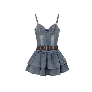 SPUCIKLEI Spaghetti Strap Washed Bow Mini A-Line Layered Denim Dress Sale