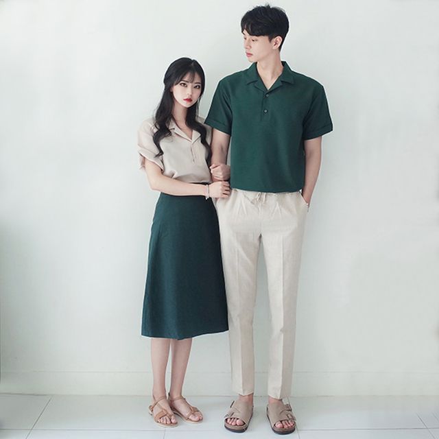 NoonSun Couple Matching Short-Sleeve Plain Polo Shirt Midi A