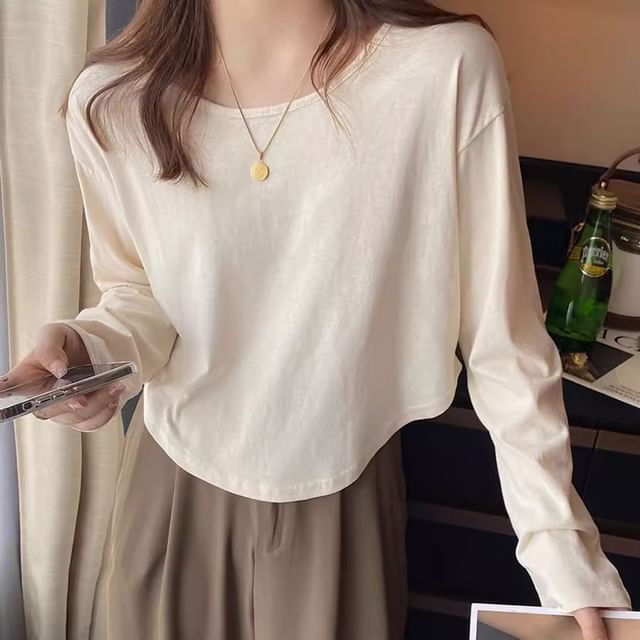 Iduna-Long Sleeve Round Neck Plain Tee