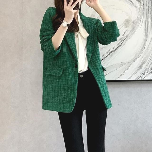MIKIGA-Notch Lapel Tweed Single Breasted Blazer