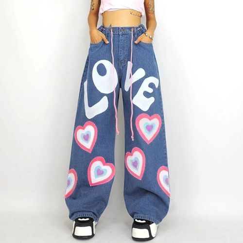 Low Waist Heart-Print Washed Baggy Jeans