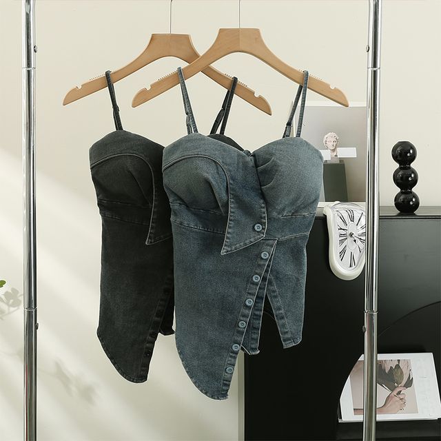 Lemongrass-Asymmetrical Denim Bustier Top