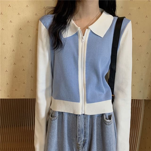 Sisyphi-Long-Sleeve Collared Two Tone Zip-Up Knit Top