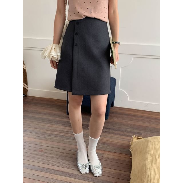 MORNINDEW-High Rise Plain Wrap Mini A-Line Skirt
