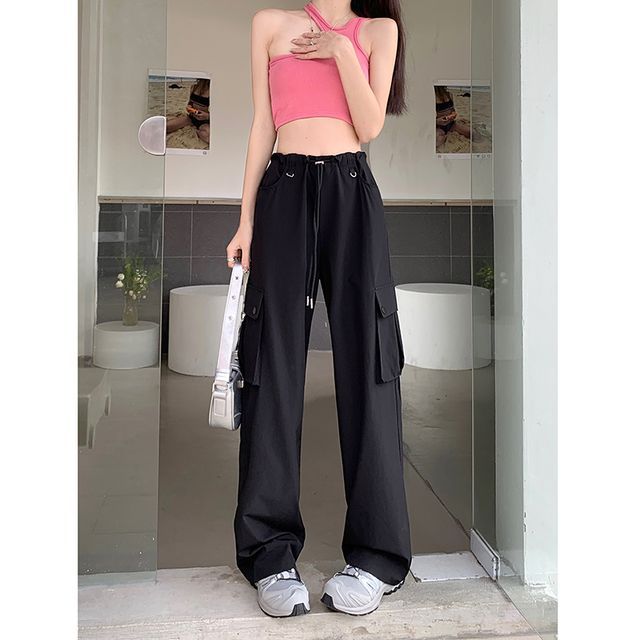 Yako-High Rise Plain Wide Leg Cargo Pants