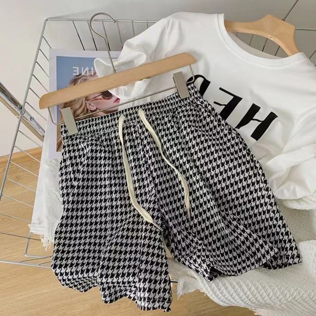 Everose-Drawstring Waist Houndstooth Shorts
