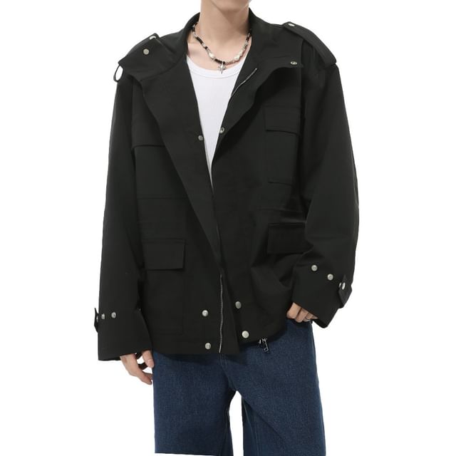 FAERIS-Stand Collar Plain Cargo Zip Jacket