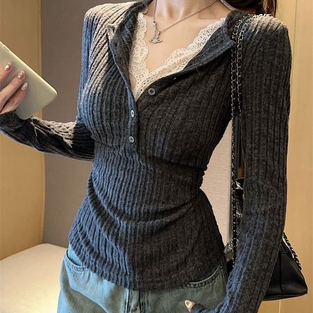 Cloud Nine-Long Sleeve V-Neck Mock Two Piece Ribbed Panel Lace Top