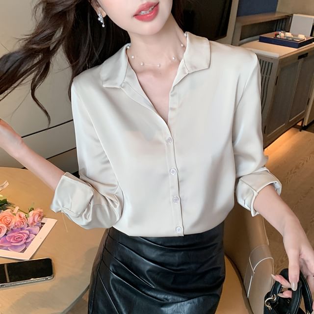 Dragan Pulse-Long Sleeve Collared Plain Satin Shirt