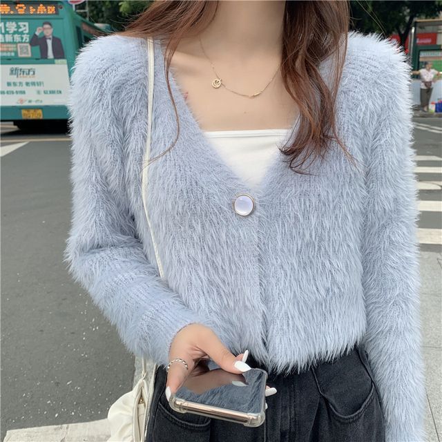 FR-V-Neck Plain Fluffy Crop Cardigan