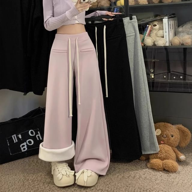 Trendycas-Drawstring Waist Fleece-Lined Baggy Pants
