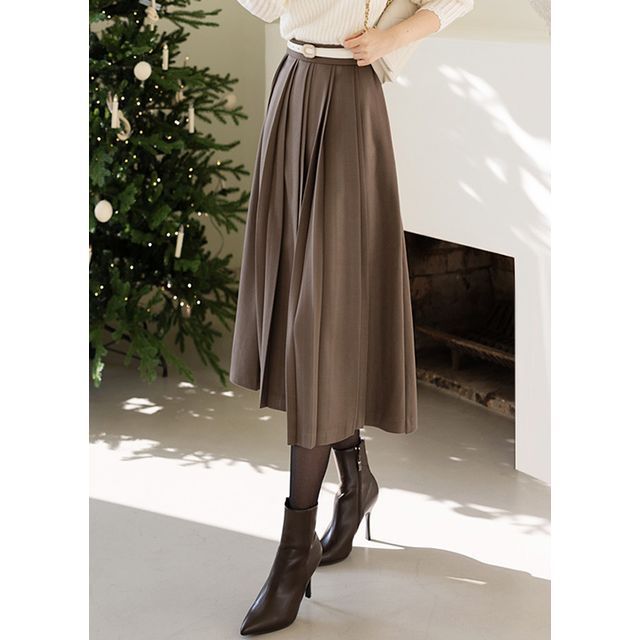 Styleonme Pleated A Line Twill Midi Skirt Yesstyle