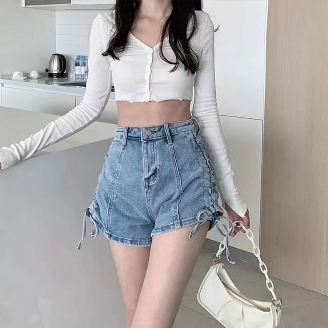 Everose-High Waist Drawstring Washed Denim Hot Pants