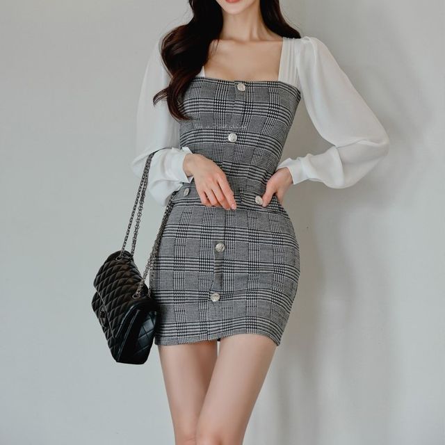 Arabesquito Mock Two-Piece Puff-Sleeve Plaid Mini Bodycon Dress