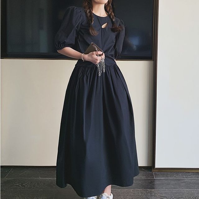 navy blue dress for baby girl Chic Puff Sleeve Ice Blue A-line Midi Dress main image 1