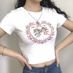 Thetis - Short-Sleeve Angels Print Cropped T-Shirt Thetis - Short-Sleeve Angels Print Cropped T-Shirt