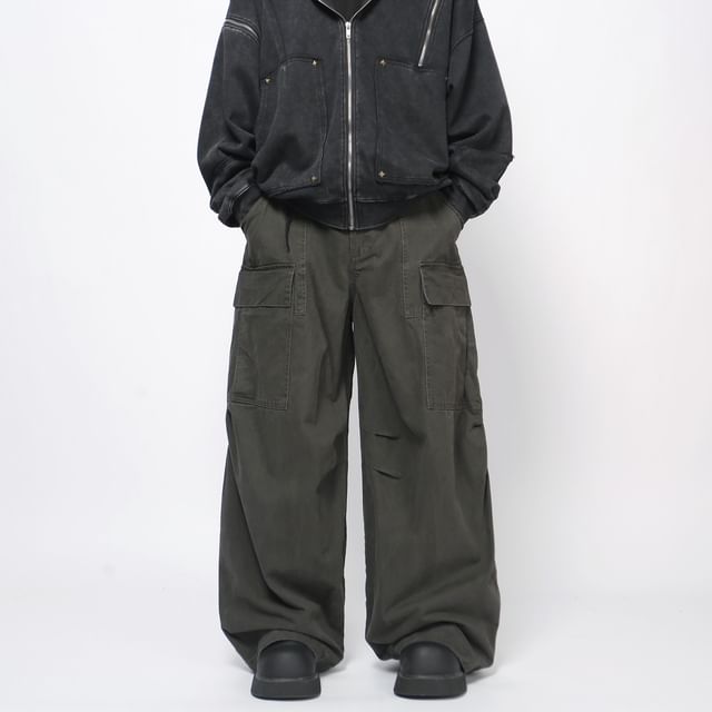Derbundy-Mid Rise Plain Wide Leg Cargo Pants