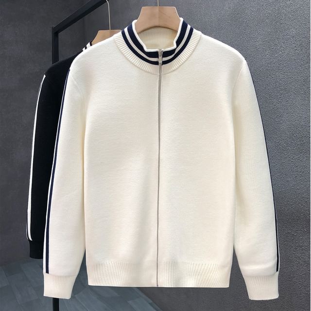 Nightbell-Mock Neck Striped Panel Zip-Up Cardigan