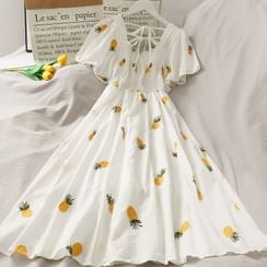 Lemongrass - Embroidered Smocked Midi Dress