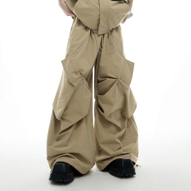 kooklay-Drawstring Waist Plain Wide Leg Cargo Pants