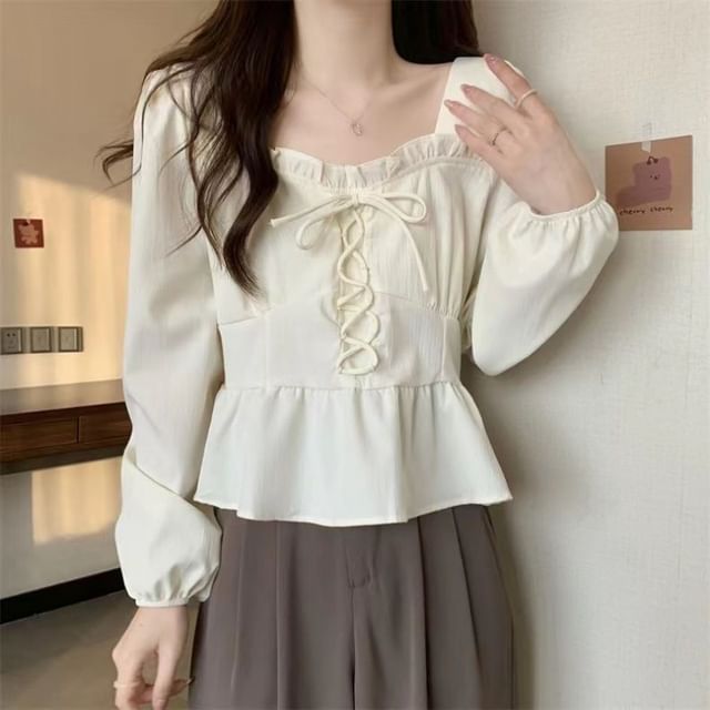 Sisyphi-Puff-Sleeve Square-Neck Plain Lace-Up Ruffled Blouse