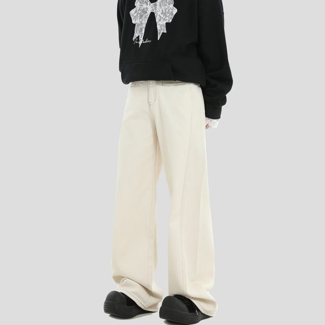 Banash-High Waist Contrast Stitching Wide Leg Pants