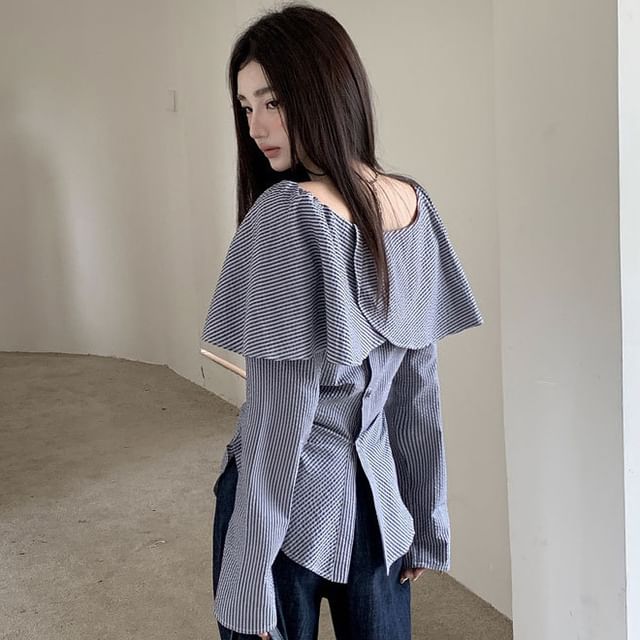 haruokiea-Long-Sleeve Striped Back-Slit Blouse