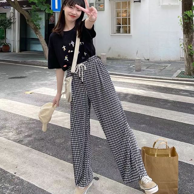 Everose-Drawstring Waist Gingham Wide Leg Pants