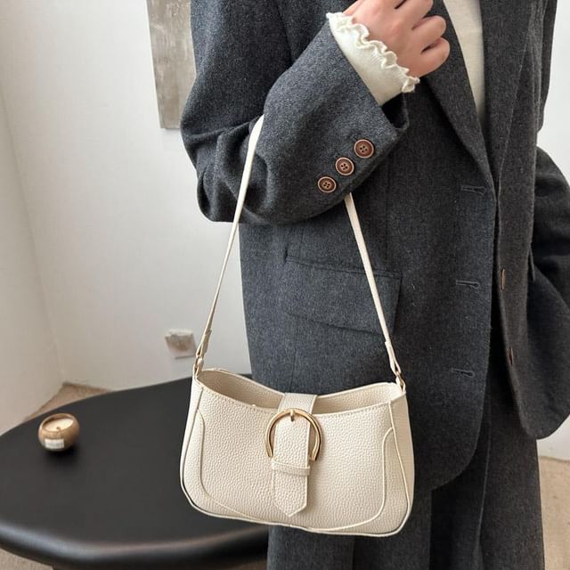Indenis-Faux Leather Plain Buckled Shoulder Bag