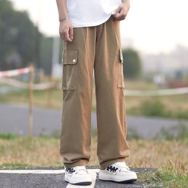 Urtishia-Drawstring Waist Plain Loose Fit Cargo Pants