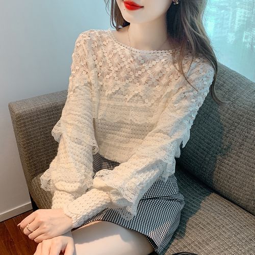 Long-Sleeve Lace Blouse with Crew Neckline, Regular