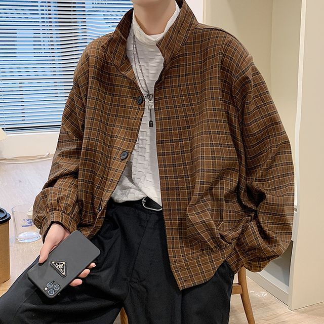 Freehop-Stand Collar Plaid Jacket