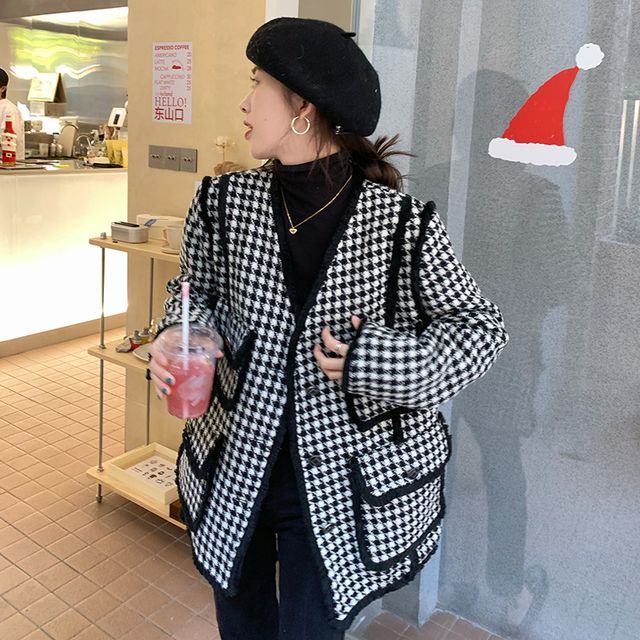 Sienne-V-Neck Houndstooth Fray Button Jacket