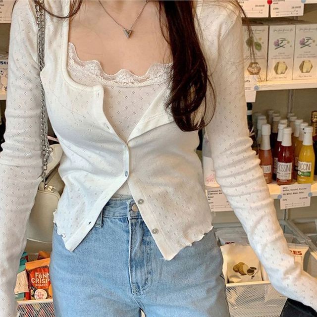 Allinya - Set: Lace Trim Cami Top + Button-Up Cardigan | YesStyle