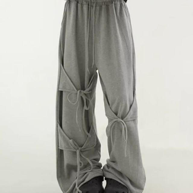 PINPI-Drawstring Waist Plain Lace-Up Baggy Pants